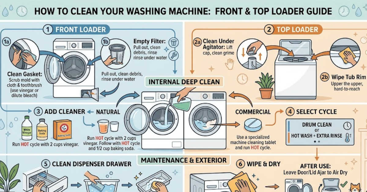 Write a highly informative and well-researched article on how to clean washing machine, should be humanly written, with a conversational tone and clear structure. The article should be completely original and pass AI detection tools without sounding robotic or AI-generated. Ensure the content is optimized for SEO with the following requirements: SEO Title: Create a compelling, keyword-rich SEO title that’s under 60 characters. Meta Description: Write a concise meta description (under 155 characters) that summarizes the article and includes relevant keywords. Introduction: Start with a hook that captures attention, followed by a brief overview of the topic. Mention the main focus keyword early. Subheadings: Use subheadings (H2, H3) for better readability and SEO, ensuring they include secondary keywords or related search terms. Keyword Usage: Include the target keyword naturally throughout the article, particularly in the first 100 words, subheadings, and conclusion. Use LSI keywords (Latent Semantic Indexing) to enhance relevance and avoid keyword stuffing. Content Structure: The article should be well-organized with short paragraphs (2-4 sentences), bullet points, don't use emojis in the article, don't give table in the article, and numbered lists where appropriate. This should improve readability and engagement. Tone and Style: The tone should be informal yet authoritative, with a balance between professional expertise and easy-to-understand language. Keep it friendly, engaging, and human. Include FAQs: Add an FAQ section at the end of the article, addressing the most common questions people search for related to this topic. Conclusion: Provide a conclusion that summarizes the key takeaways and encourages the reader to take the next step, like exploring related articles or products. Make sure the article provides value, is factually accurate, and answers the user intent effectively. Do not add any external links. Target Keywords are: how to clean washing machine how to clean washing machine top loader how to clean washing machine with vinegar how to clean washing machine with vinegar and baking soda how to clean washing machine filter how to clean washing machine drum how to clean washing machine front loader how to clean washing machine with bleach how to clean washing machine filter top loader how to clean washing machine with baking soda how to clean washing machine drain hose without removing how to clean washing machine rubber seal how to clean washing machine gasket how to clean washing machine tub how to clean washing machine top loader samsung how to clean washing machine drain how to clean washing machine drain pipe how to clean washing machine smell how to clean washing machine agitator how to clean washing machine with baking soda and vinegar   The mentioned keywords should not be written more than 10 times in the article. The goal is to create content that is high-quality, engaging, and perfectly aligned with what both Google and AI search engines would rank highly. The writing should be natural and authentic while meeting the technical SEO requirements."